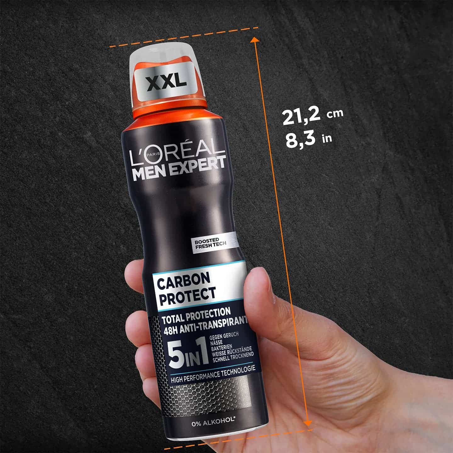 Produkt wird von einer Hand gehalten, mit Größenangaben